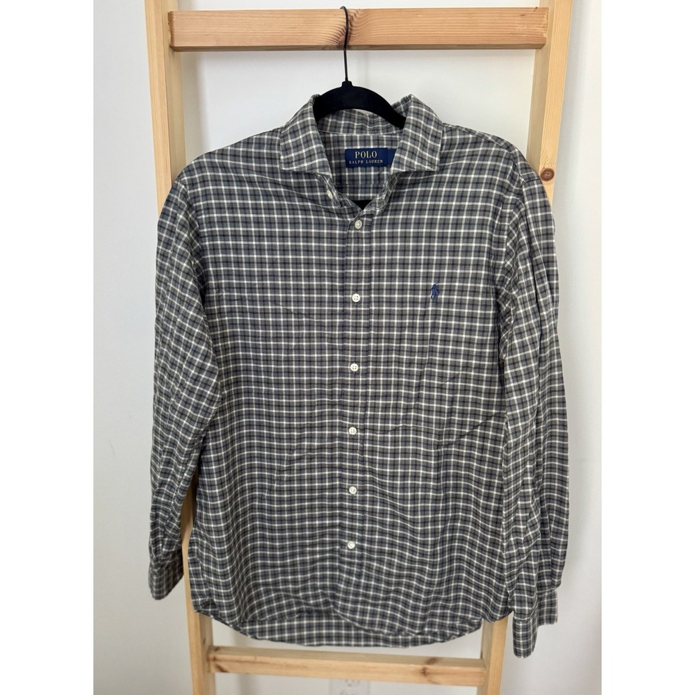 POLO Ralph Lauren‎ Men's Long Sleeve 100% Cotton Gray  Plaid Shirt Medium (B2)